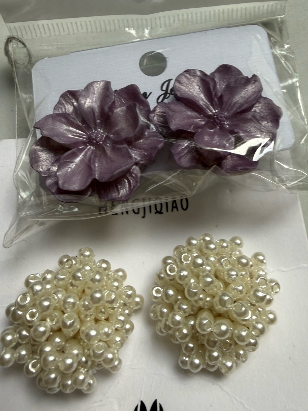 Pearl Cluster & Floral Stud Earring Set - Cream and Lavender